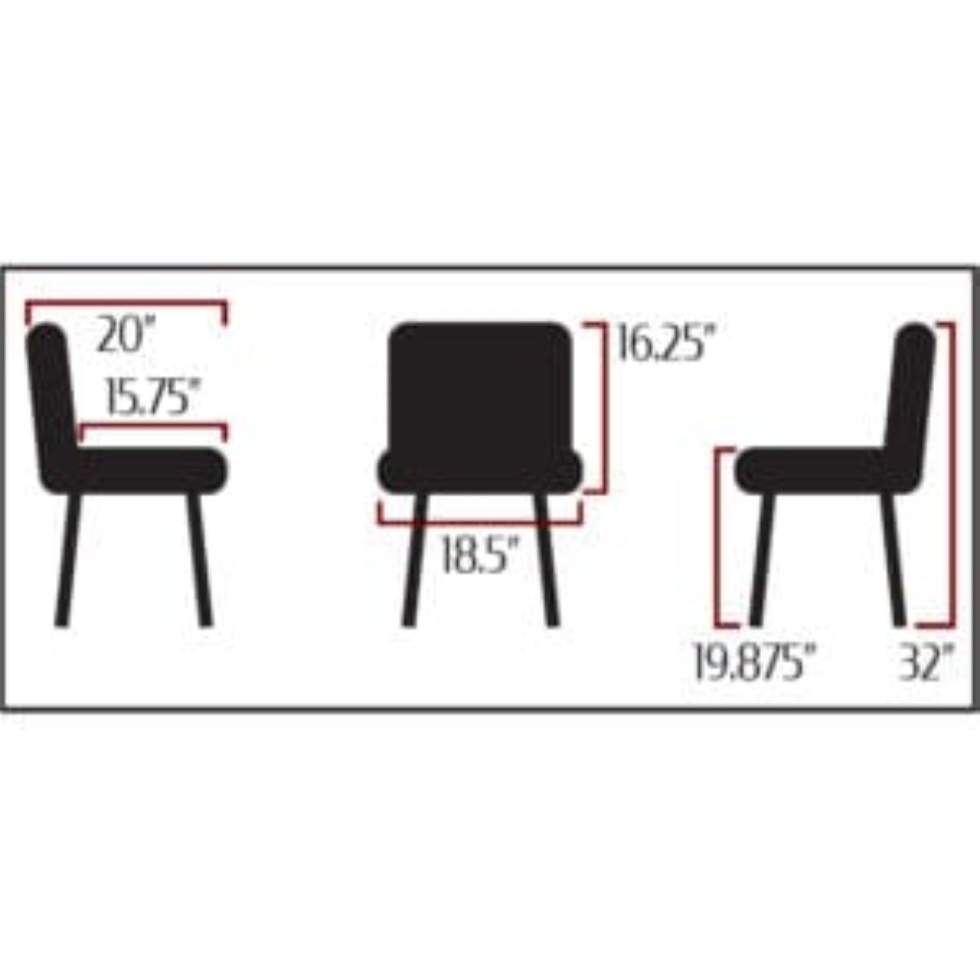 Amata chair with tufted bucket seat in black vinyl and faux black woodgrain metal frame. Side view with product dimensions
