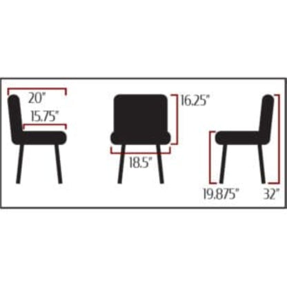Amata chair with tufted bucket seat in black vinyl and faux black woodgrain metal frame. Side view with product dimensions