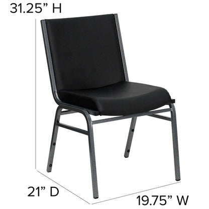 Black-frame stacking chair with contoured black vinyl seat and back and silver vein steel base, side view with dimensions