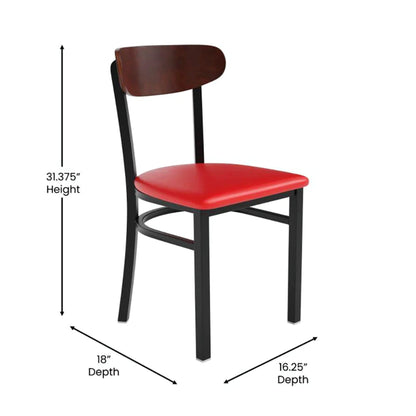 Dining chair with solid back, black steel frame, walnut wood backrest, and red vinyl seat shown from the front with dimensions.