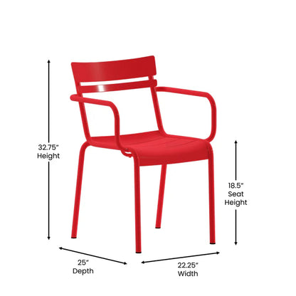 Red steel indoor-outdoor arm chair with slatted seat and back, suitable for patios and restaurants with dimensions
