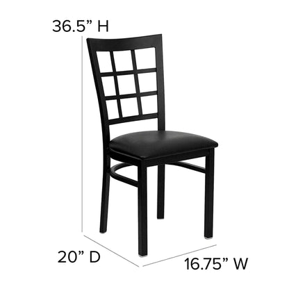 Front view of window pane back restaurant chair featuring a black powder-coated steel frame and black vinyl seat with dimensions