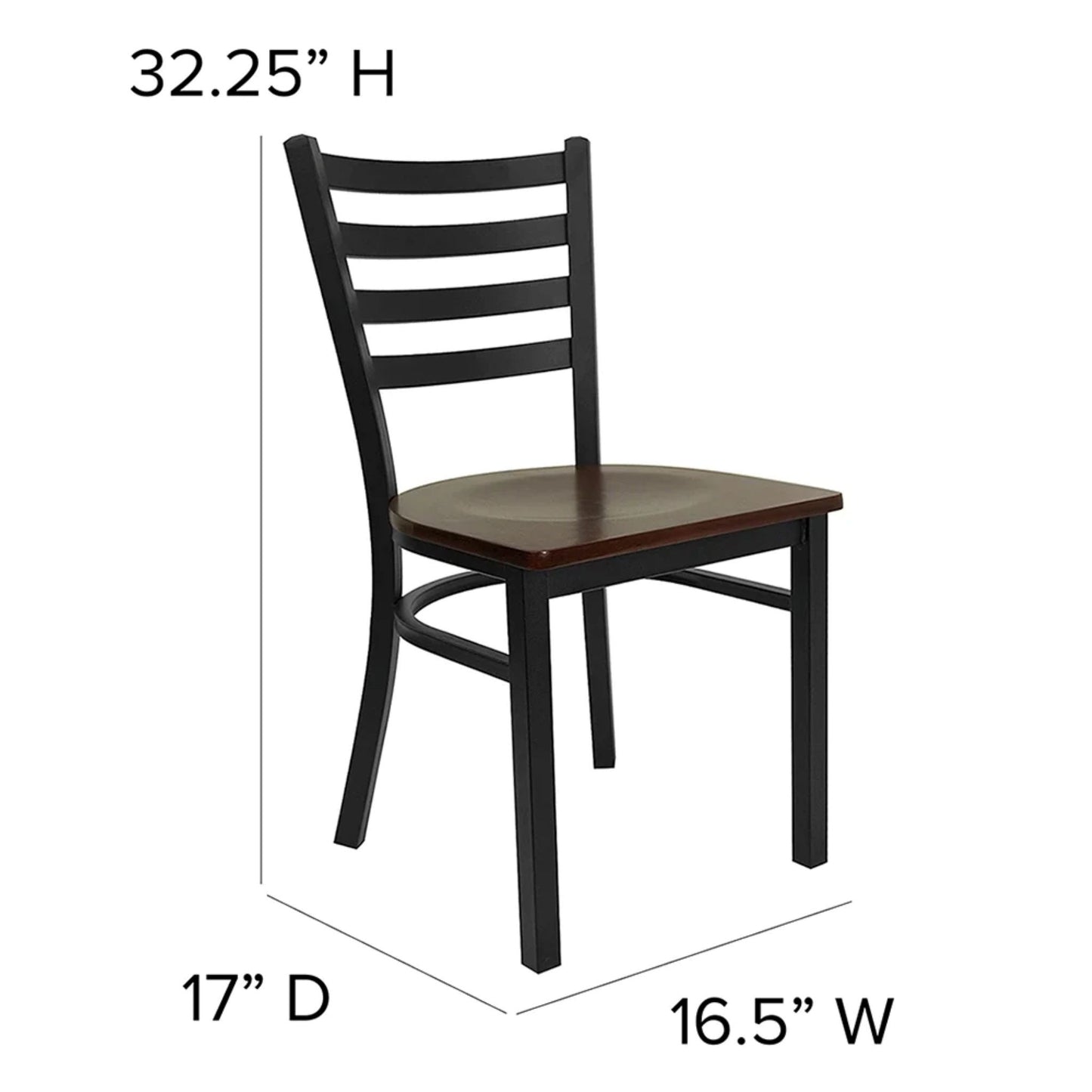 Ladder-back restaurant chair with walnut wood seat and black powder-coated steel frame, front view with dimensions