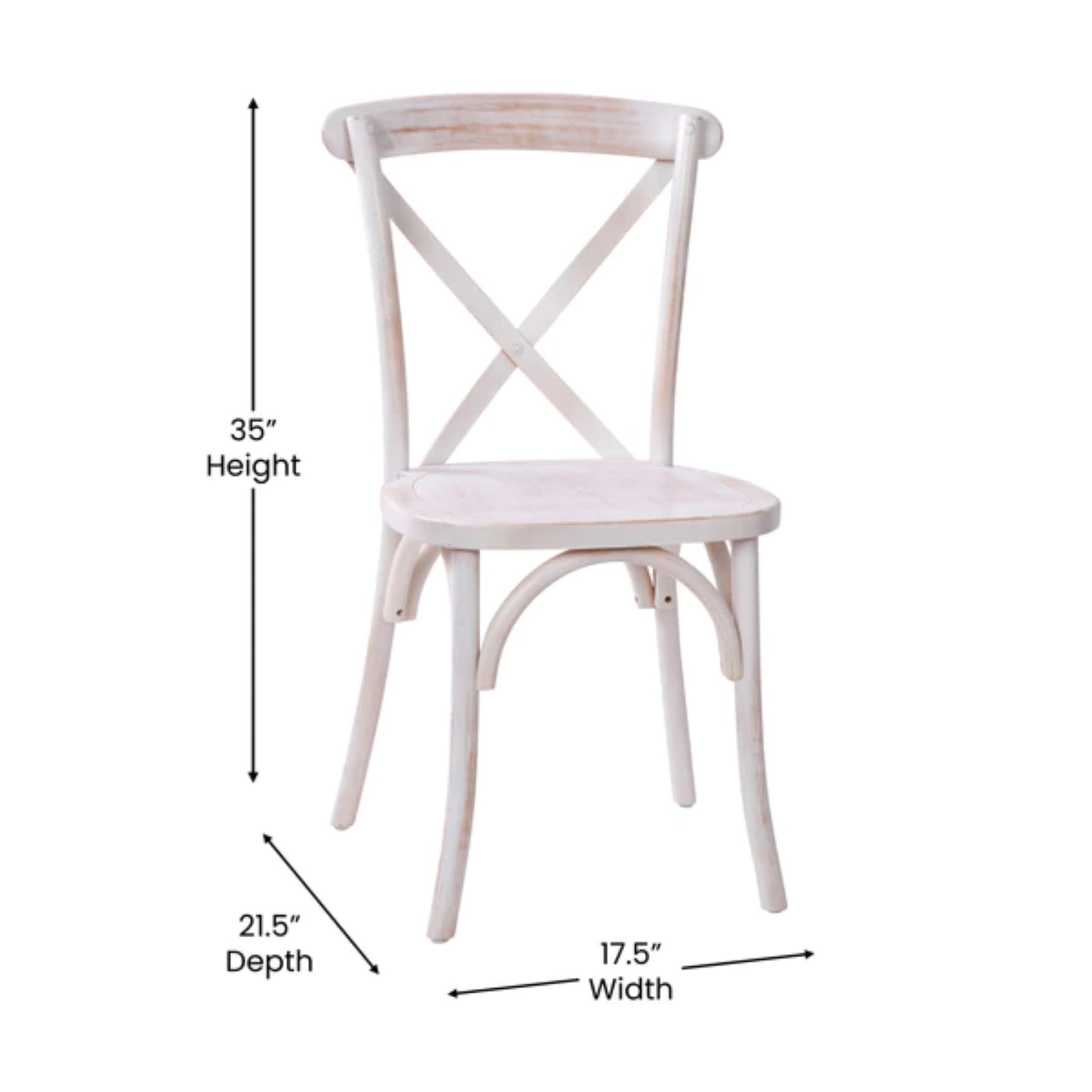 Elm wood X-Back dining chair in lime wash finish with soft, vintage patina with dimensions