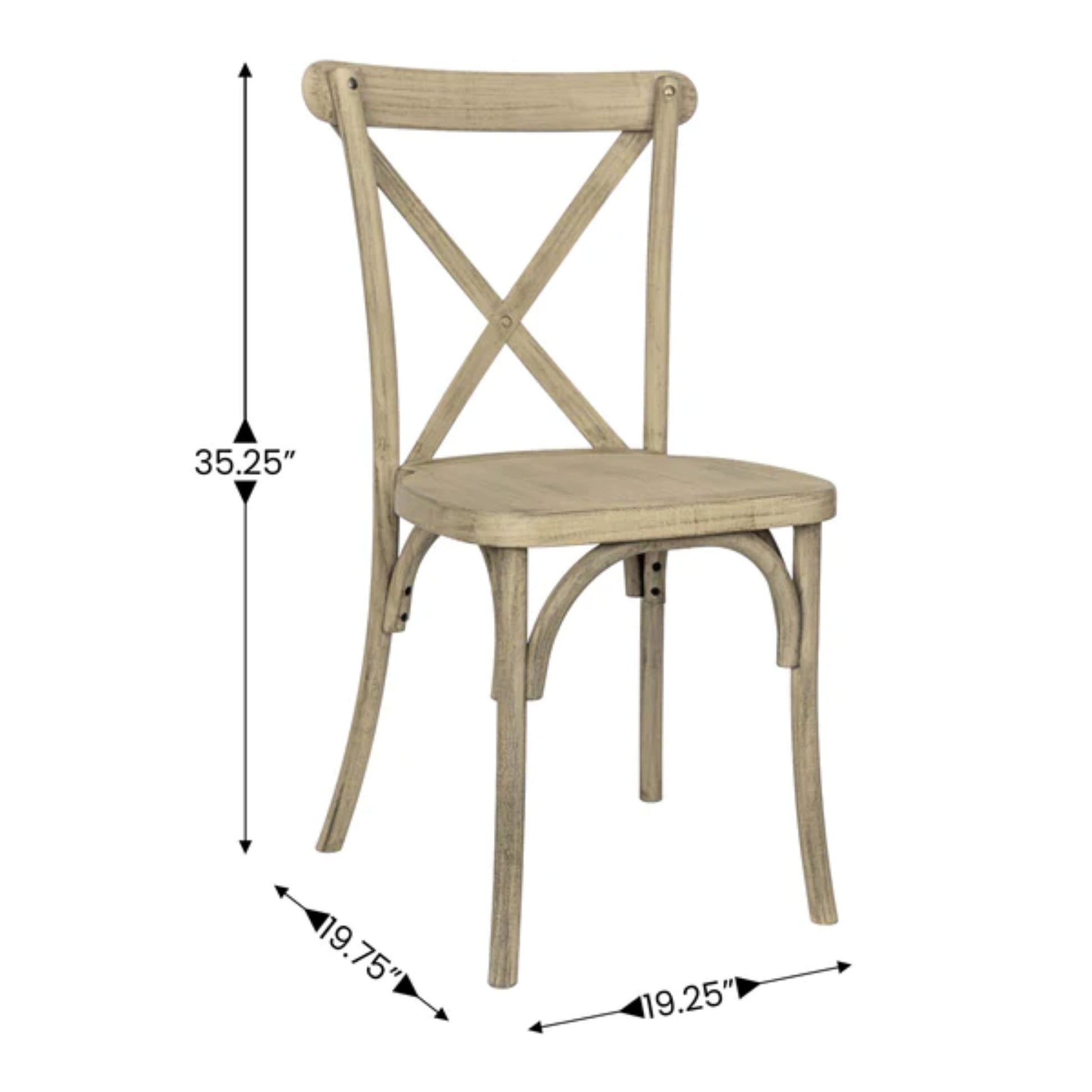 Resin cross back chair in light oak wood-look finish for indoor-outdoor dining spaces with dimensions