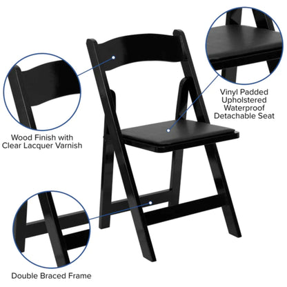 Black folding chair with features highlighted on a white background