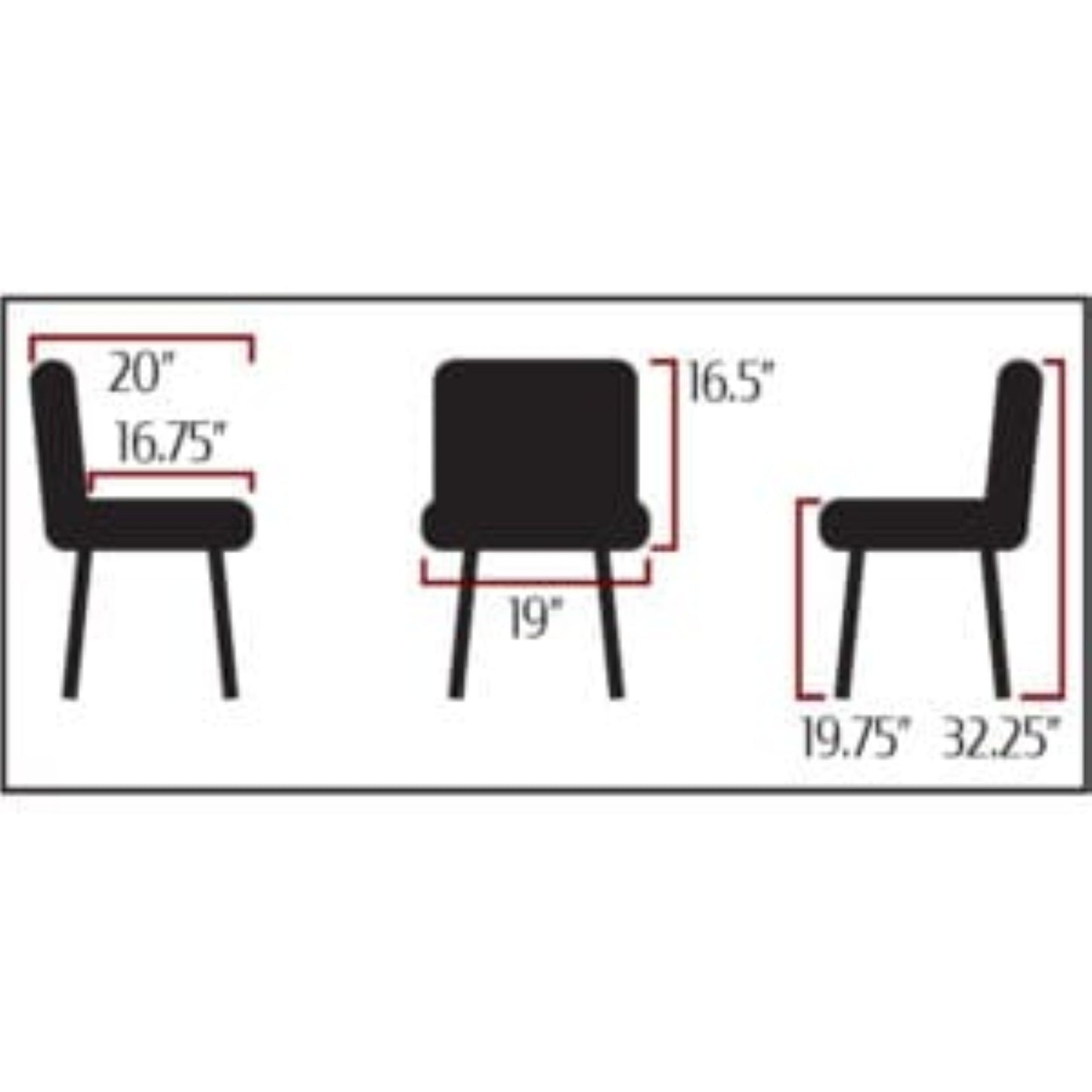 Diagram of a black chair with measurements on a white background