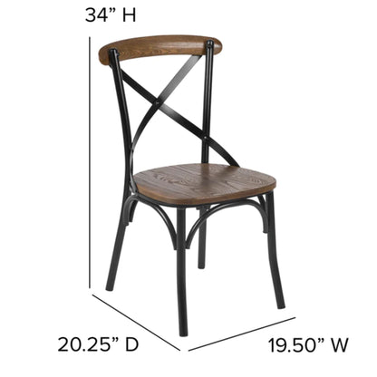 Rustic X-back dining chair with metal bracing, steel frame, and solid ash wood seat and back accents with dimensions