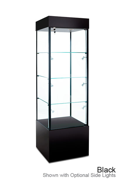 Euro Square glass display tower with clear tempered-glass sides, adjustable shelves, and LED top lighting