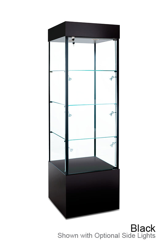 Euro Square glass display tower with clear tempered-glass sides, adjustable shelves, and LED top lighting
