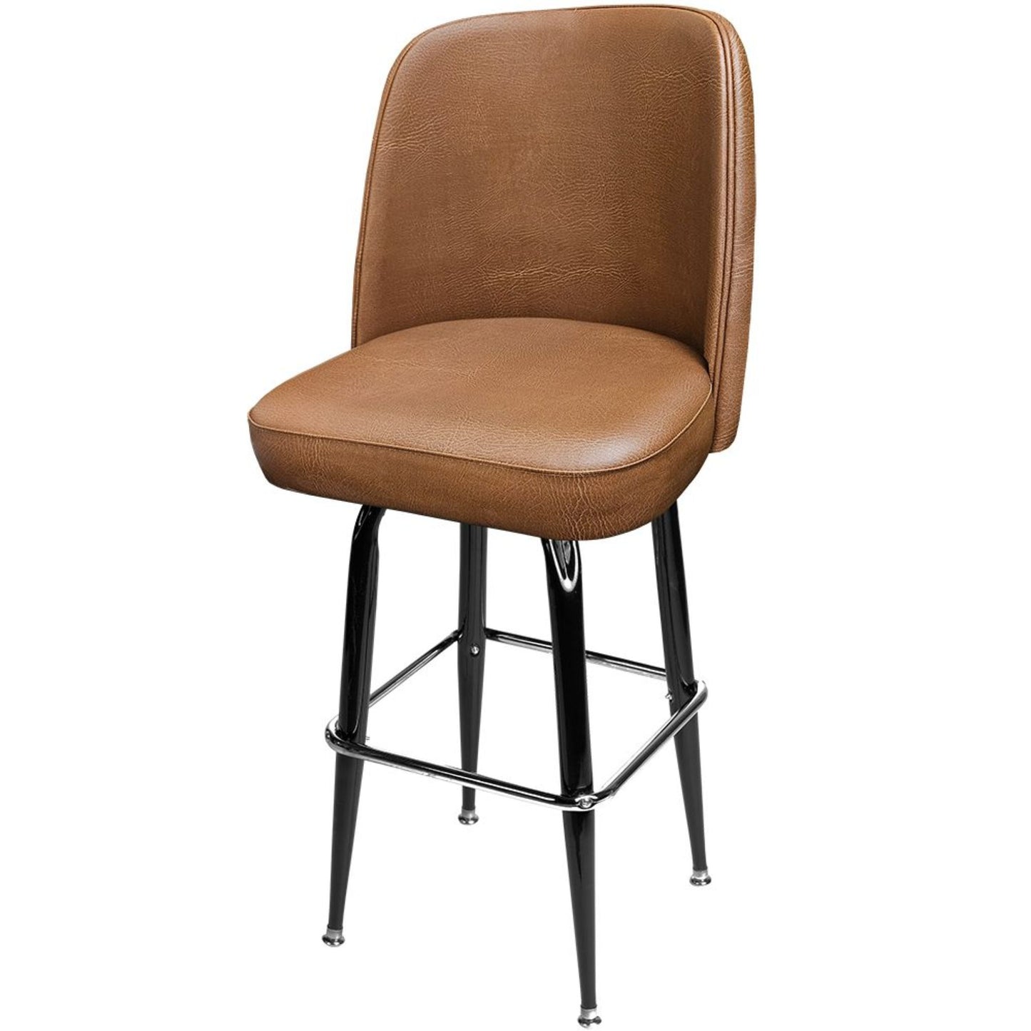 Standard bucket barstool with gloss black square swivel frame and buckskin non-waterfall upholstered seat