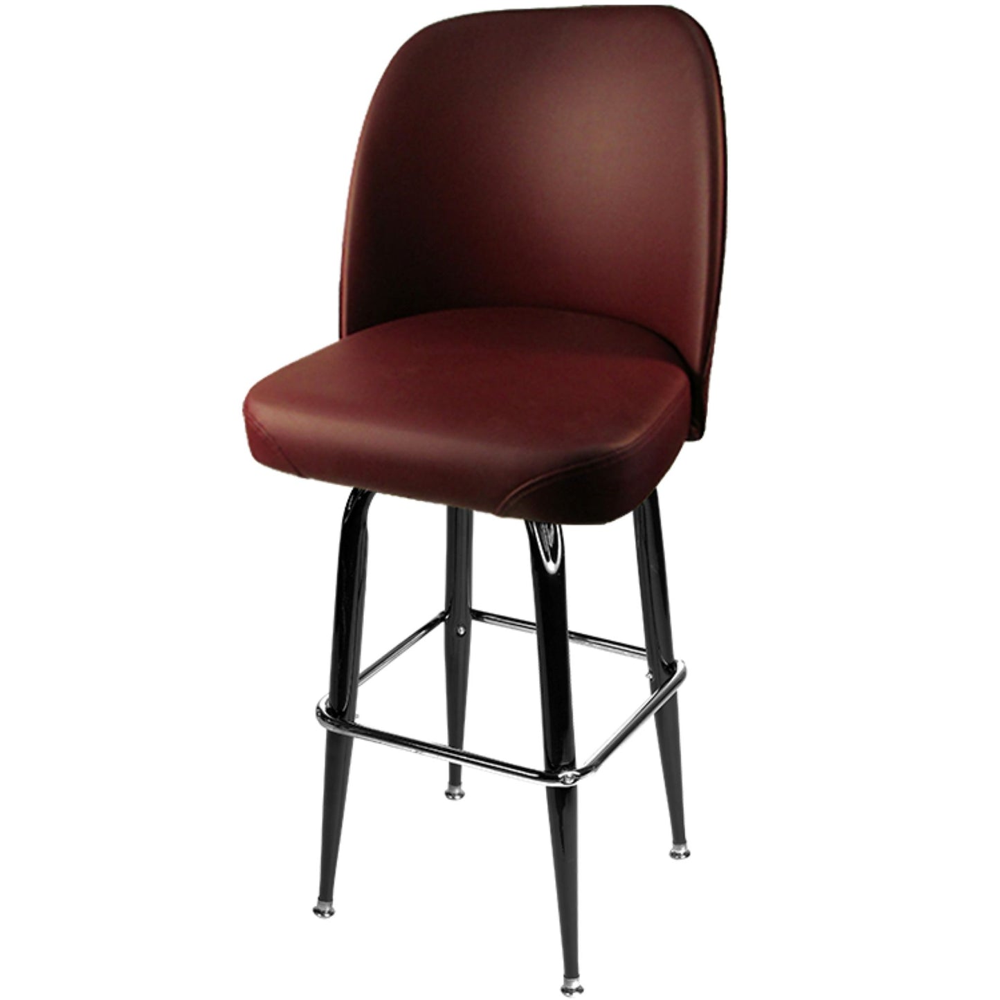Standard bucket barstool with gloss black square swivel frame and wine upholstered seat
