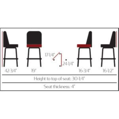 Standard bucket barstool with gloss black square swivel frame and espresso upholstered seat dimensions