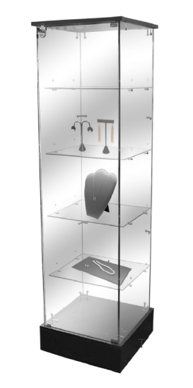 20′′ L X 20′′ D X 72 3/8′′H<br>
Black Base<br>
Includes 4 Glass Shelves<br>
$315.00