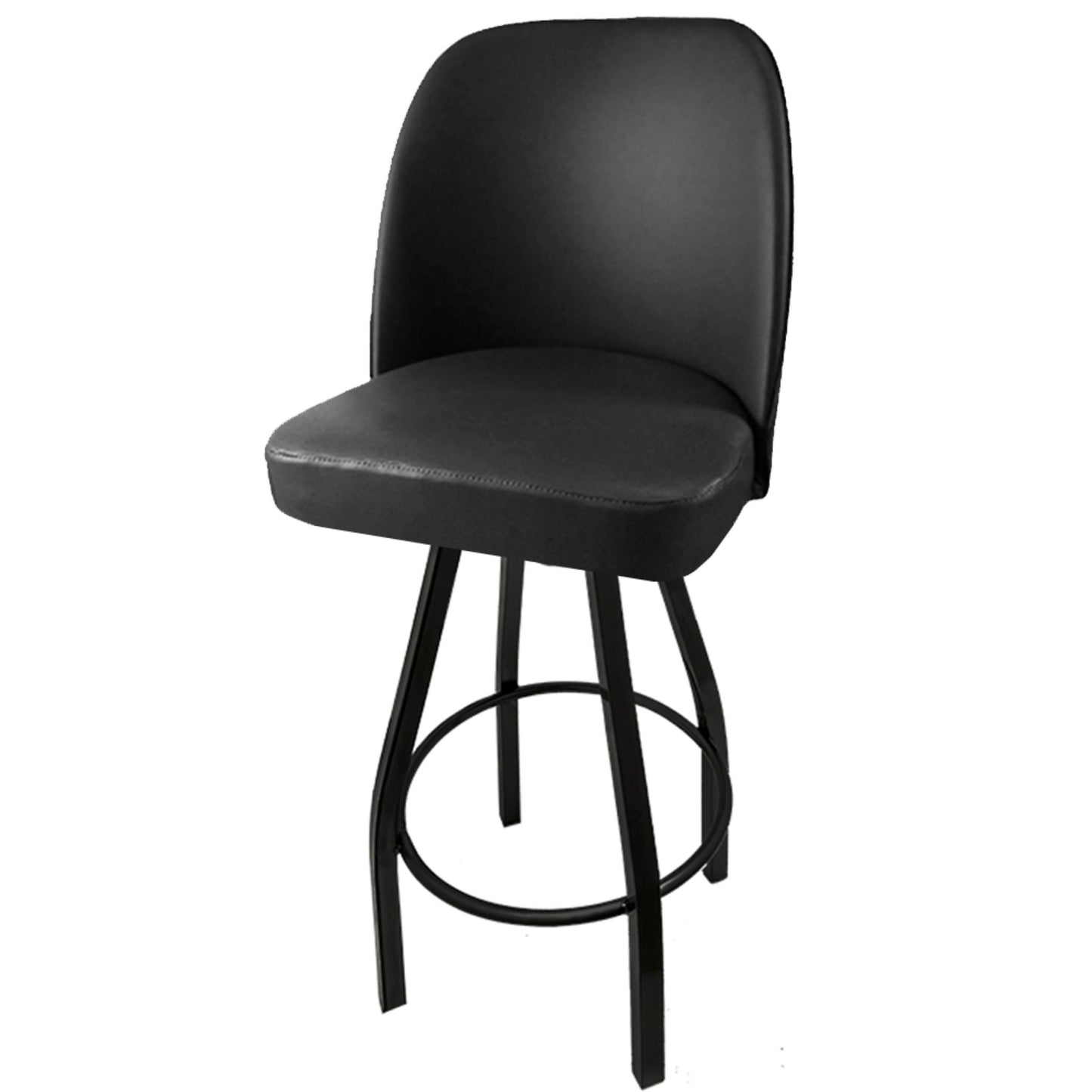 Standard bucket barstool with black swivel frame and non-waterfall black vinyl seat