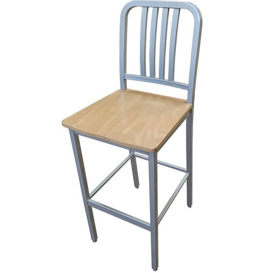 Commercial steel barstool with natural clear coat wood seat and non-marring glides