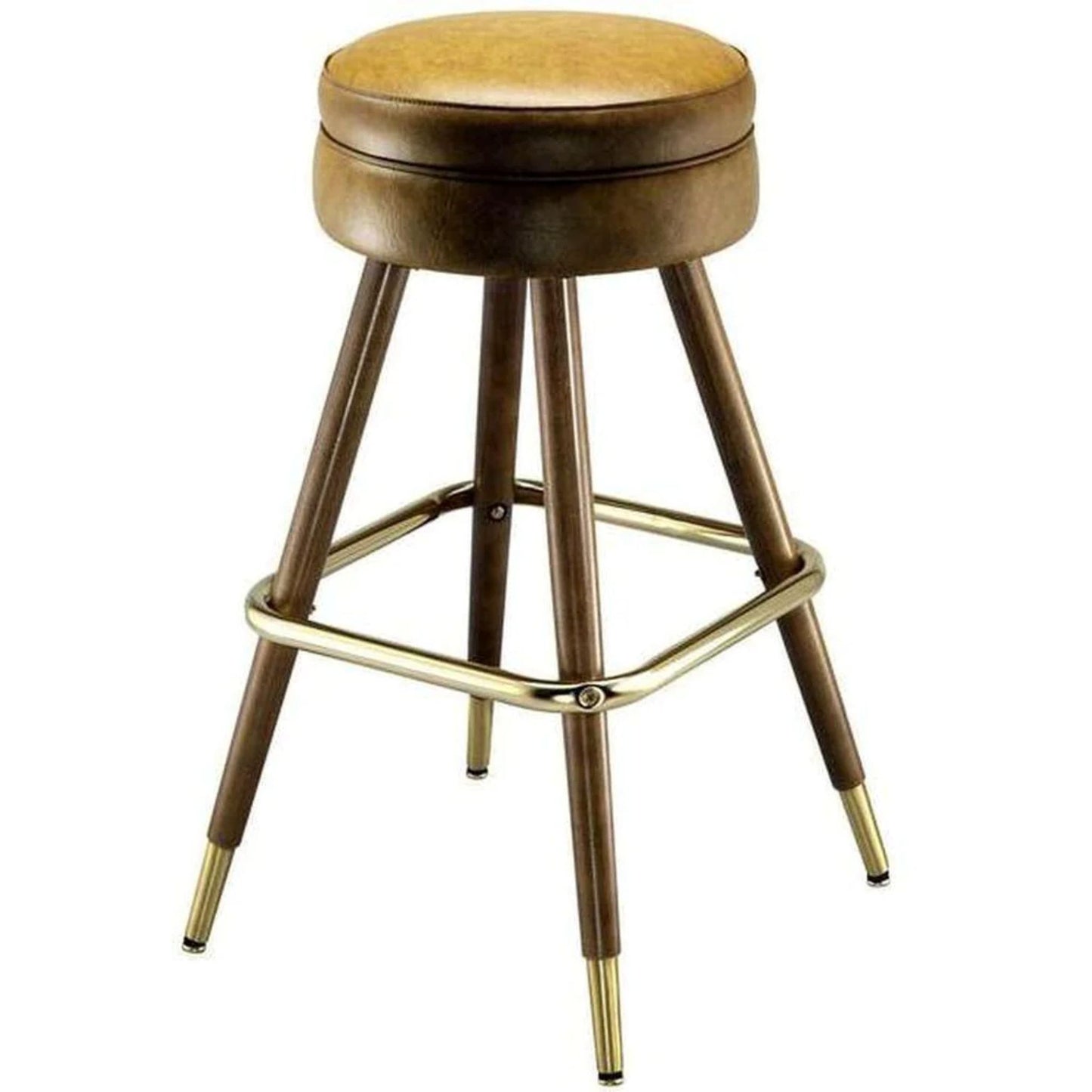 Backless swivel bar stool with round upholstered seat and straight maple wood legs finished in dark walnut.