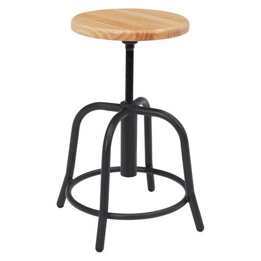 Commercial round swivel stool with wood seat, black frame, and 4-leg base with glides