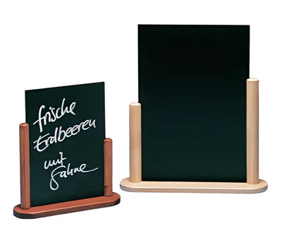 Tabletop chalkboard menu holder with double-sided writing surface and wood frame