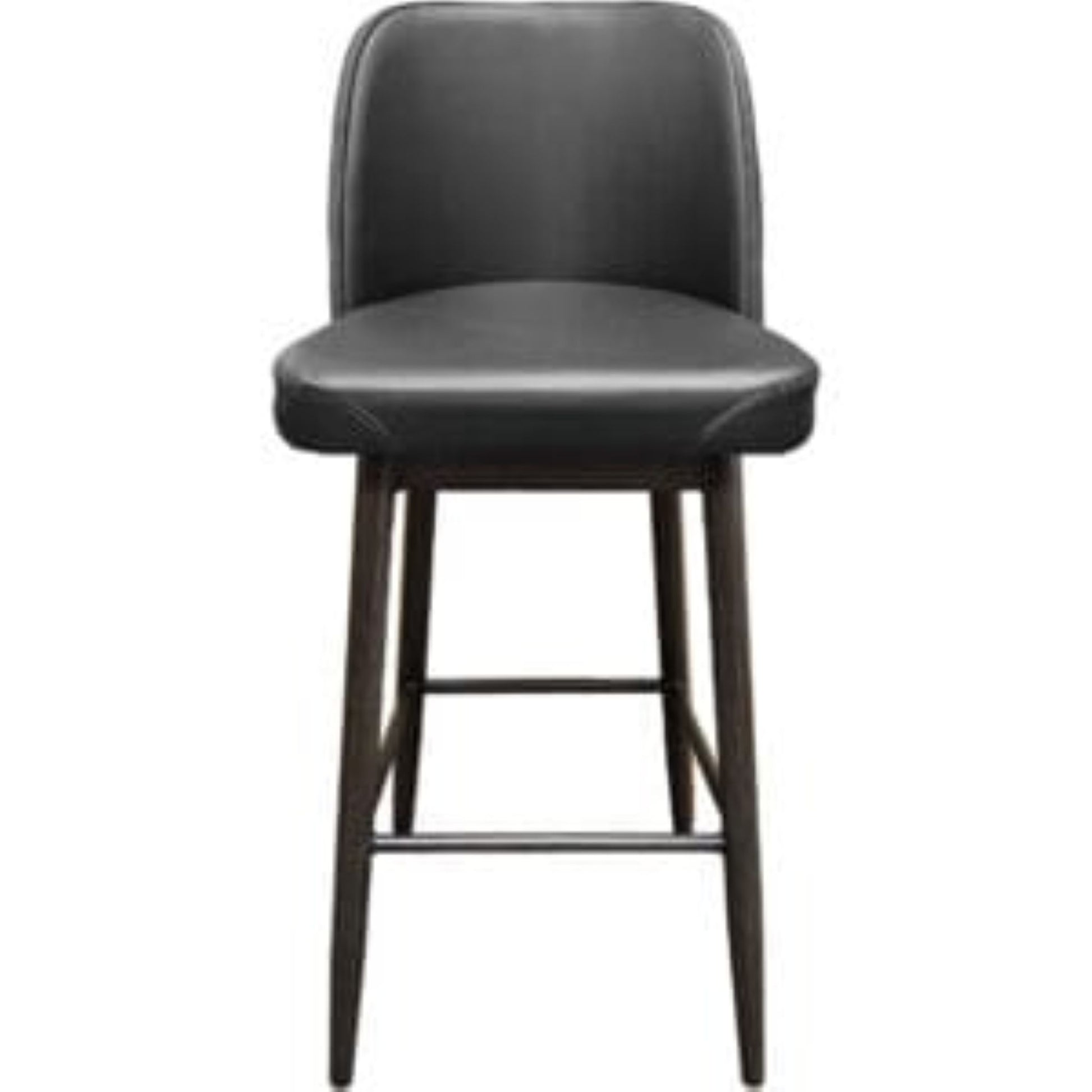 Amata barstool with tufted bucket, driftwood frame and black upholstered seat front view