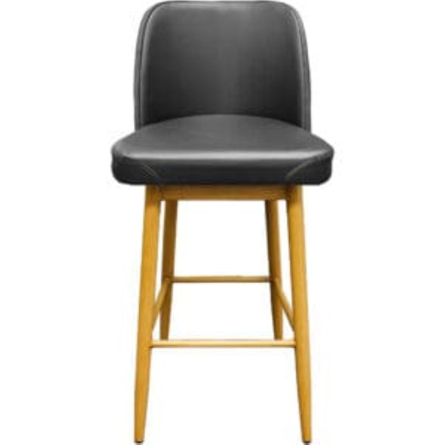Amata barstool with tufted bucket, natural clear-coat frame and black upholstered seat front view