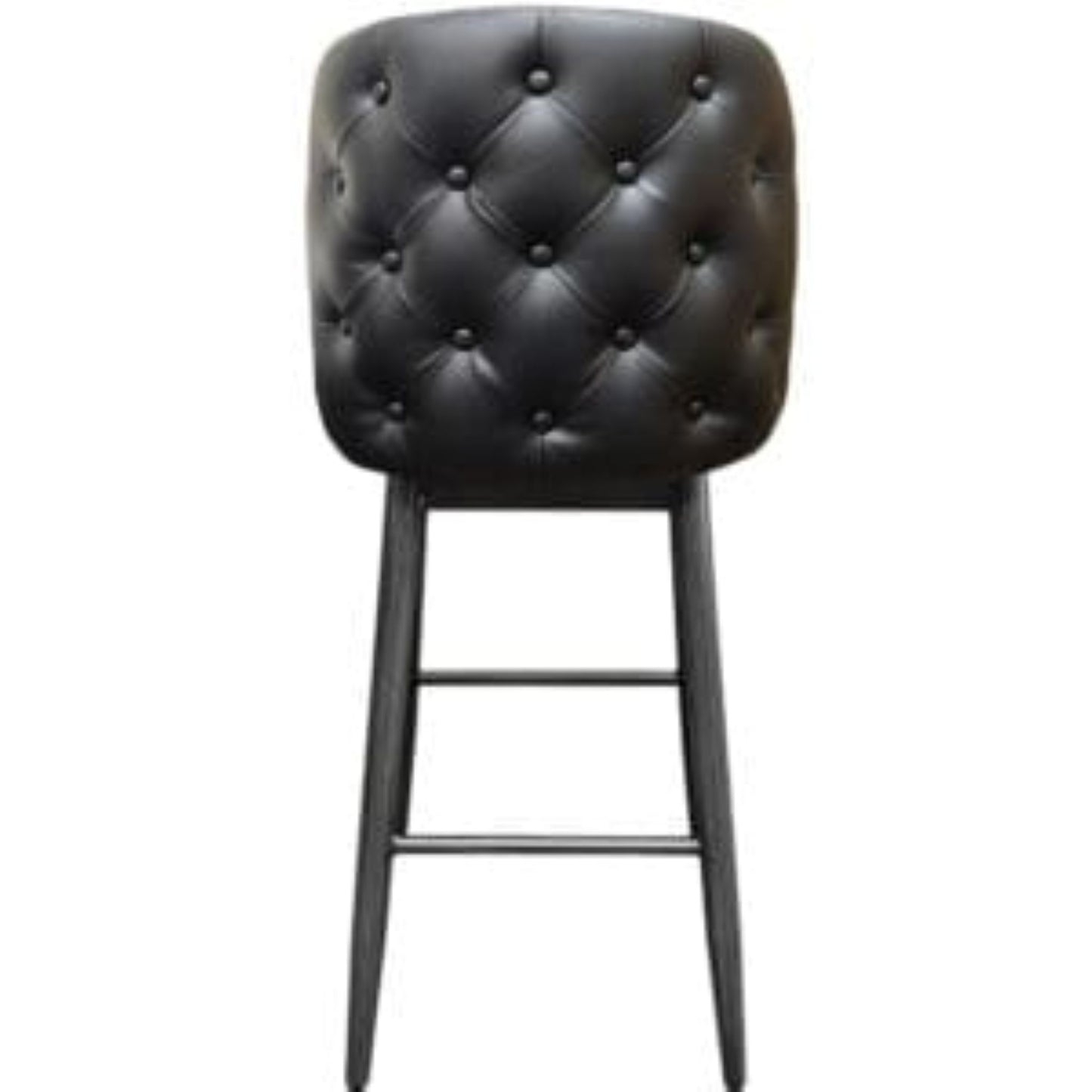 Amata barstool with tufted bucket, driftwood frame and black upholstered seat rear view