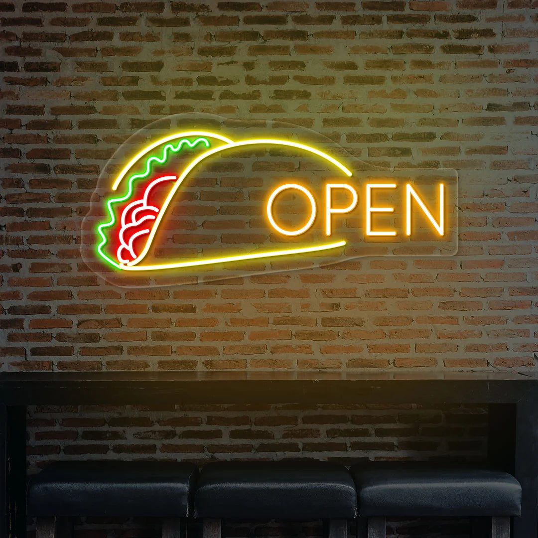 Tacos Open Neon Sign wall-mounted LED light in bright multicolor design for Mexican restaurants and food trucks.