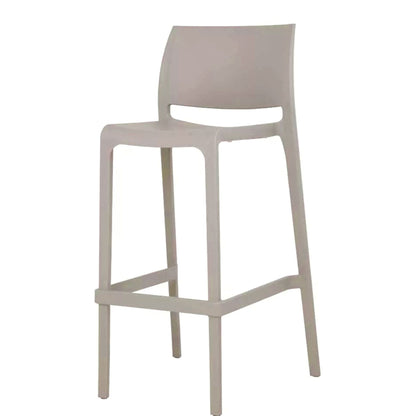 All-weather greige polypropylene barstool with anti-slip leg mats and UV-resistant finish