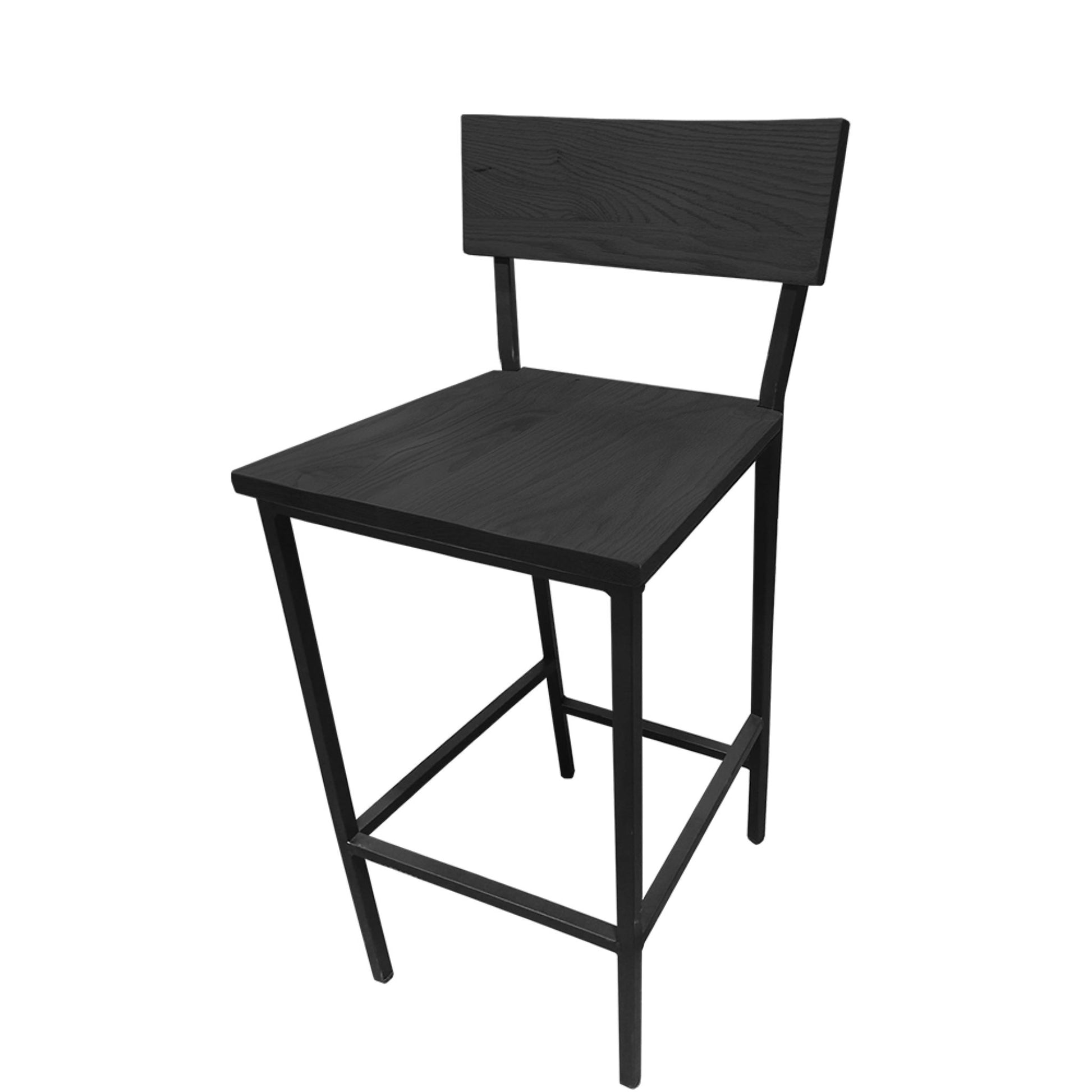 Commercial timber barstool with black stain wood back and seat and black sandtex metal frame