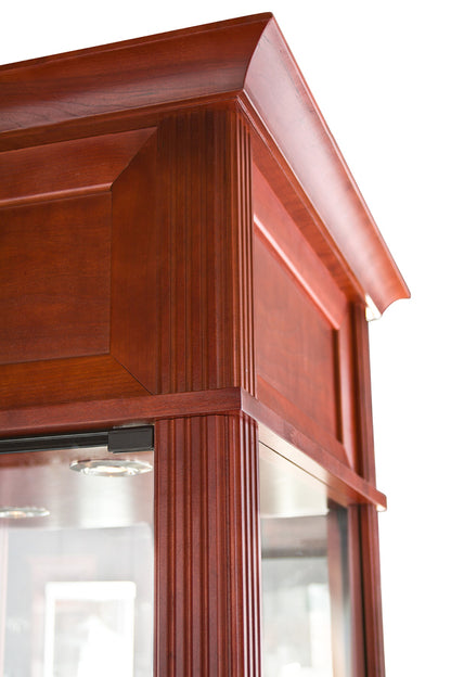 Close-up zoom of the Euro Classic Tower Display Case showing detailed tempered-glass panels, adjustable shelf brackets, and top LED lighting within the display are
