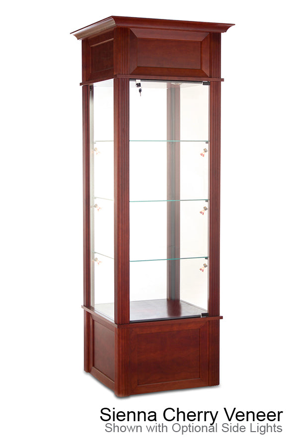 “Front view of the Euro Classic Tower Display Case featuring a clear tempered-glass tower with hinged locking door, adjustable glass shelves, and LED top lighting on a solid base