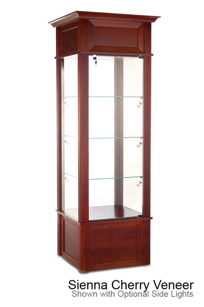 “Front view of the Euro Classic Tower Display Case featuring a clear tempered-glass tower with hinged locking door, adjustable glass shelves, and LED top lighting on a solid base