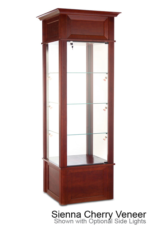 “Front view of the Euro Classic Tower Display Case featuring a clear tempered-glass tower with hinged locking door, adjustable glass shelves, and LED top lighting on a solid base