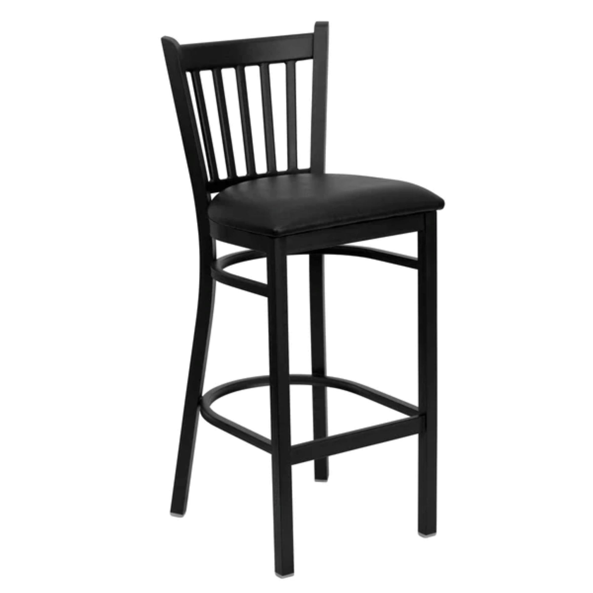 Vertical back metal restaurant barstool with black frame and black vinyl padded seat