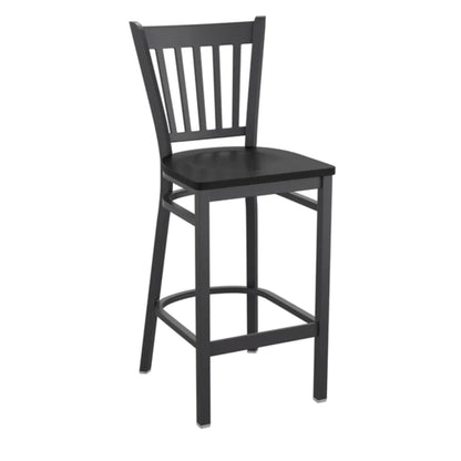 Vertical back metal restaurant barstool with black frame and black stain wood seat
