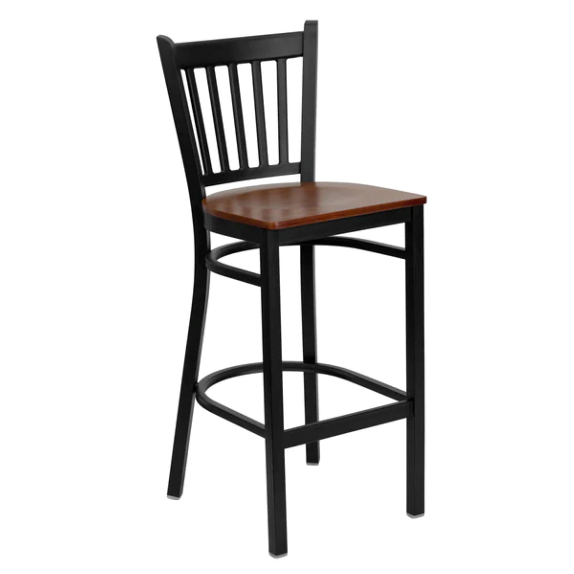 Vertical back metal restaurant barstool with black frame and cherry wood seat