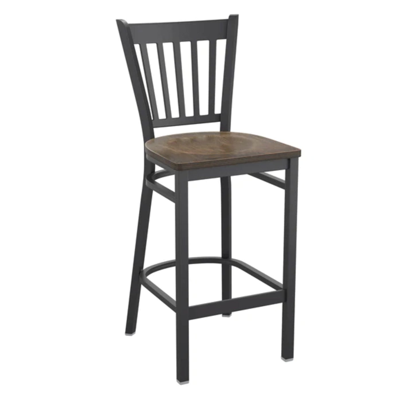 Vertical back metal restaurant barstool with black frame and copper-finish wood seat