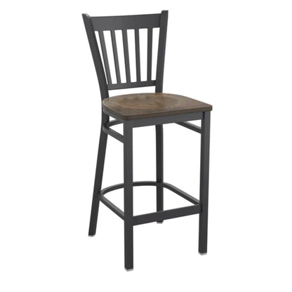 Vertical back metal restaurant barstool with black frame and copper-finish wood seat