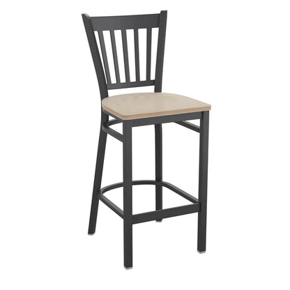 Vertical back metal restaurant barstool with black frame and antique white wood seat