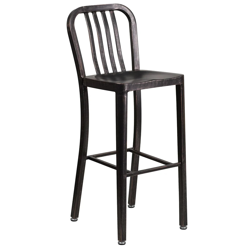 Vertical slat back metal bar stool in black and antique gold finish with metal seat