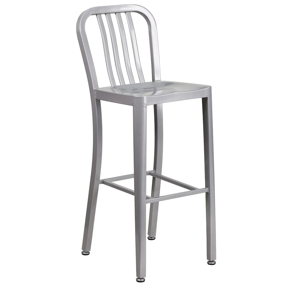 Vertical slat back metal bar stool in silver with metal seat and galvanized steel frame