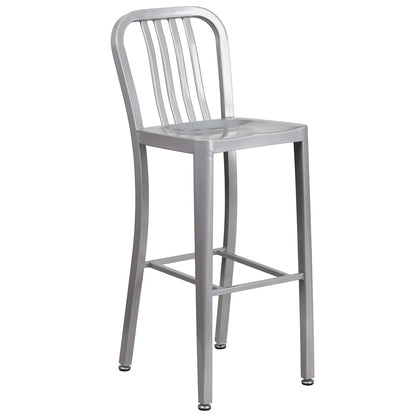 Vertical slat back metal bar stool in silver with metal seat and galvanized steel frame