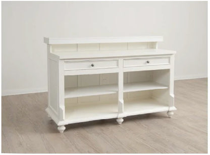 Front view of the Vintage Two-Tier Retail Counter in white showing the two shelves, drawers, and top checkout surface used for merchandising and point-of-sale activities.
