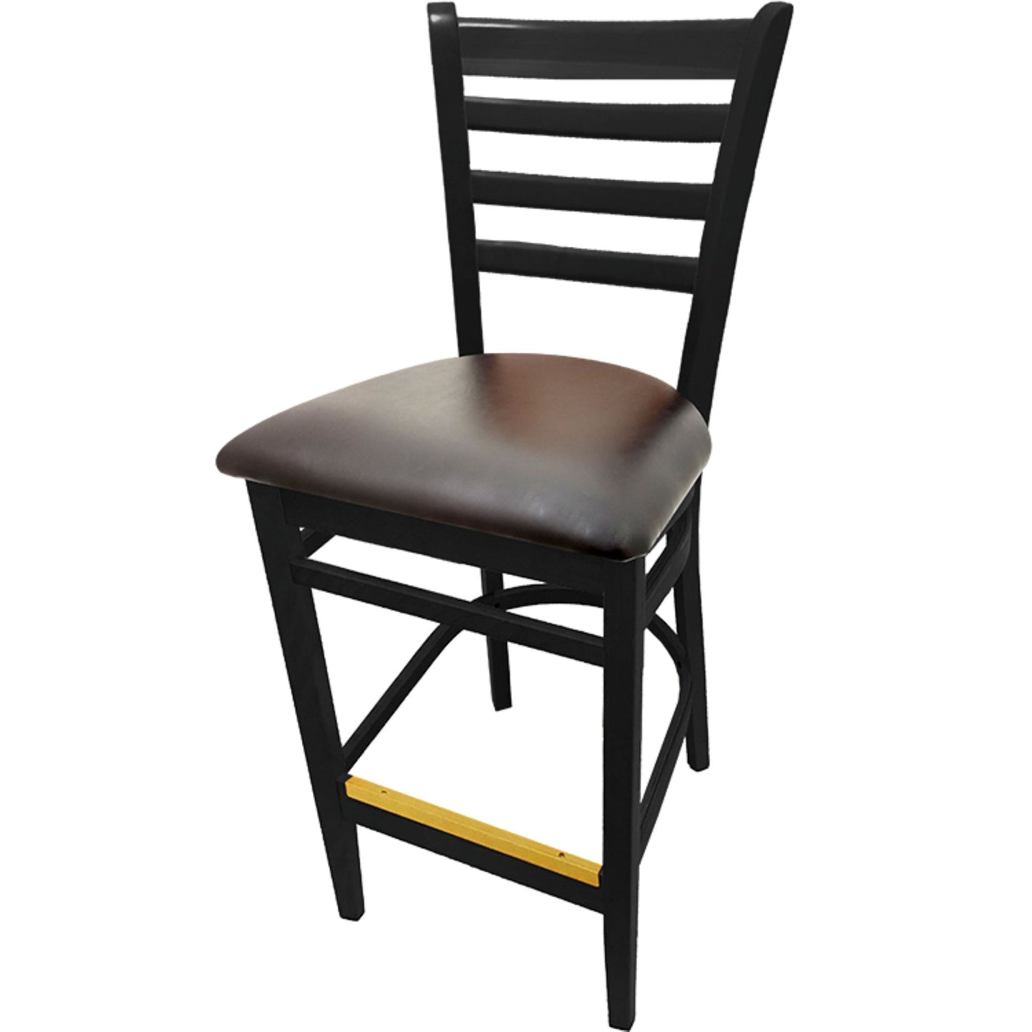 lack stain ladderback barstool with solid beechwood frame and black vinyl seat for contemporary restaurant interiors
