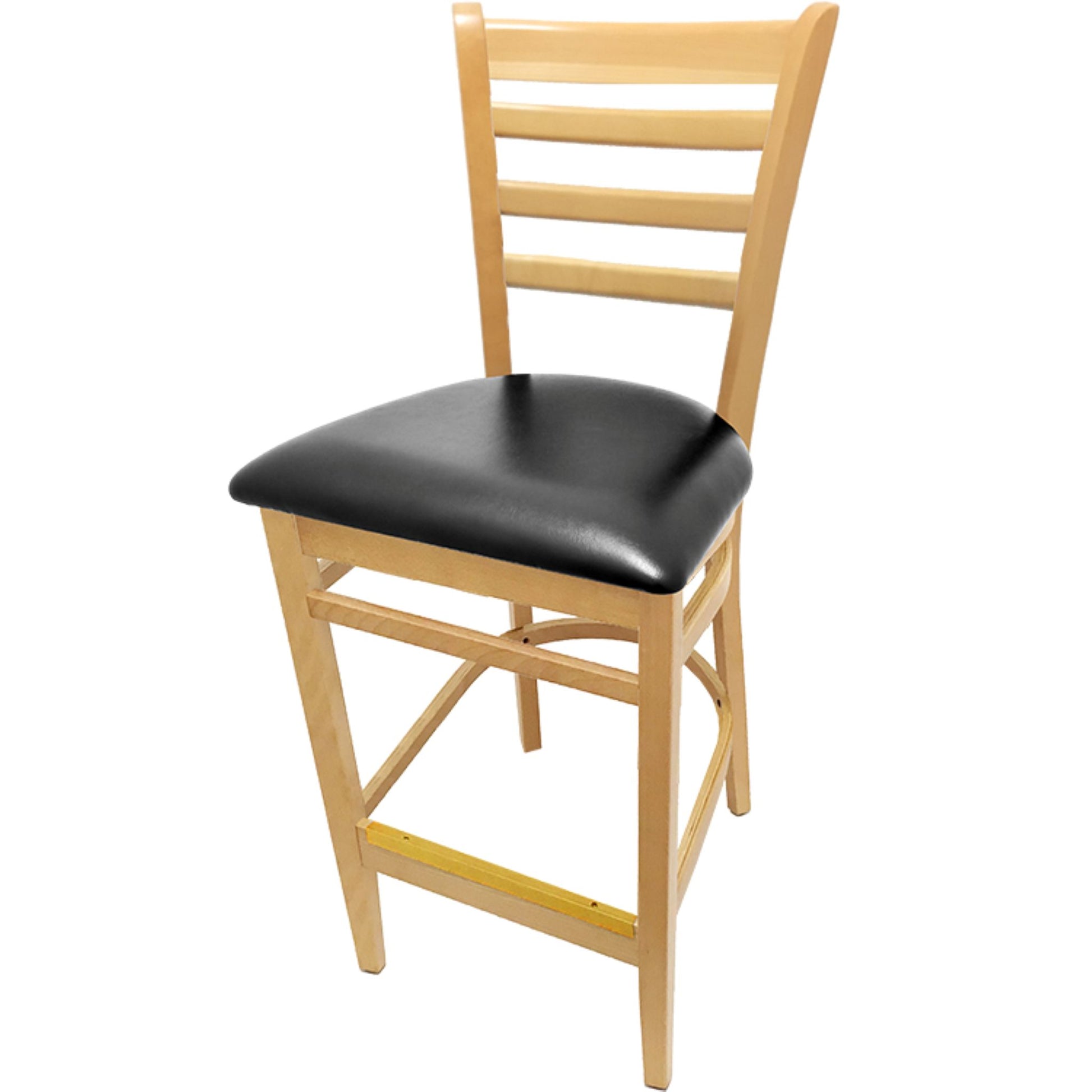 Clear coat ladderback barstool with solid beechwood frame and black vinyl seat for restaurant use