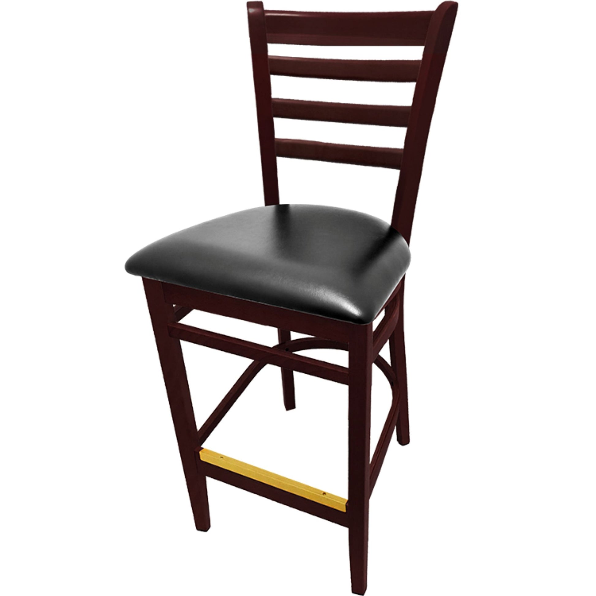Mahogany ladderback barstool with black vinyl seat for restaurant and bar interiors