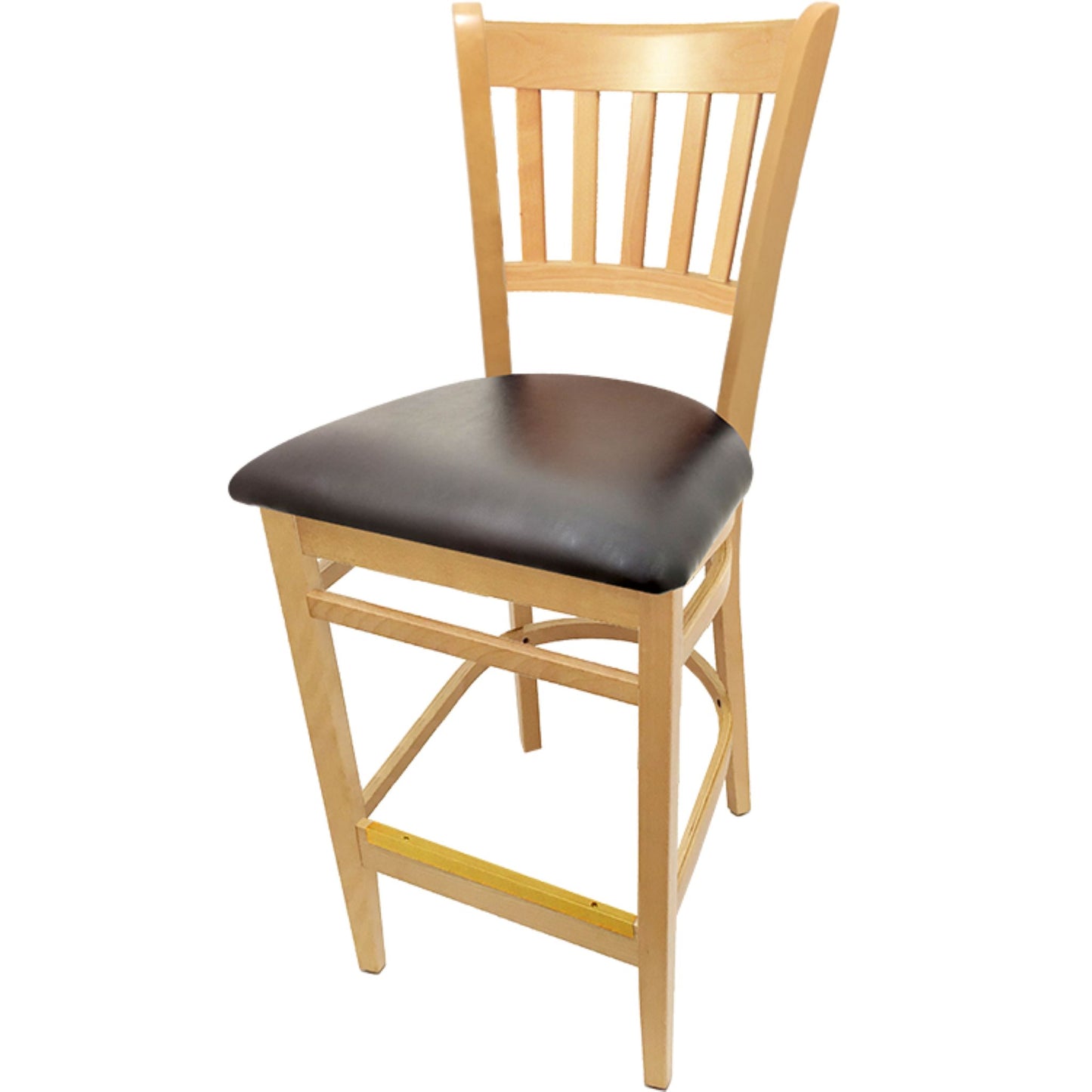 Vertical back barstool with clear coat frame and espresso vinyl seat