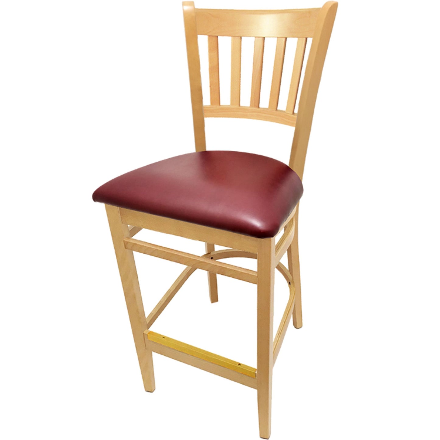 Vertical back barstool with clear coat frame and wine vinyl seat