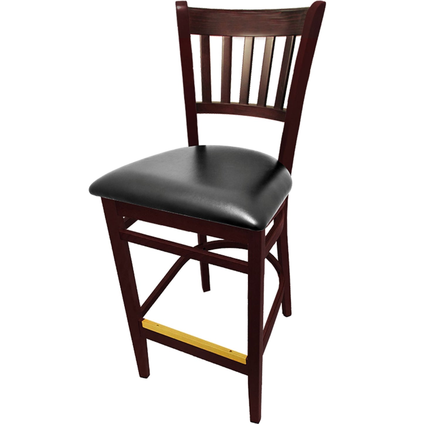 Vertical back barstool with mahogany frame and black vinyl seat