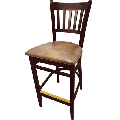 Vertical back barstool with mahogany frame and buckskin vinyl seat